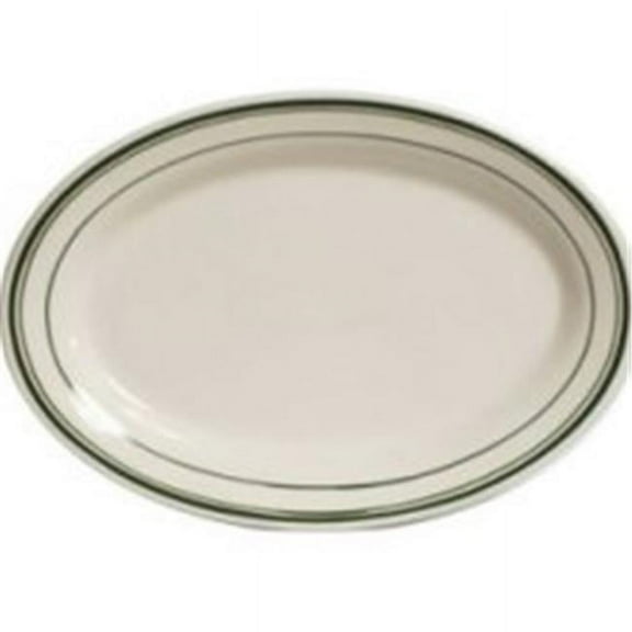 Tuxton China TGB-012 Green Bay 10.5 in. x 7.38 in. Wide Rim Rolled Edge Oval Platter - American White with Green Band  - 2 Dozen