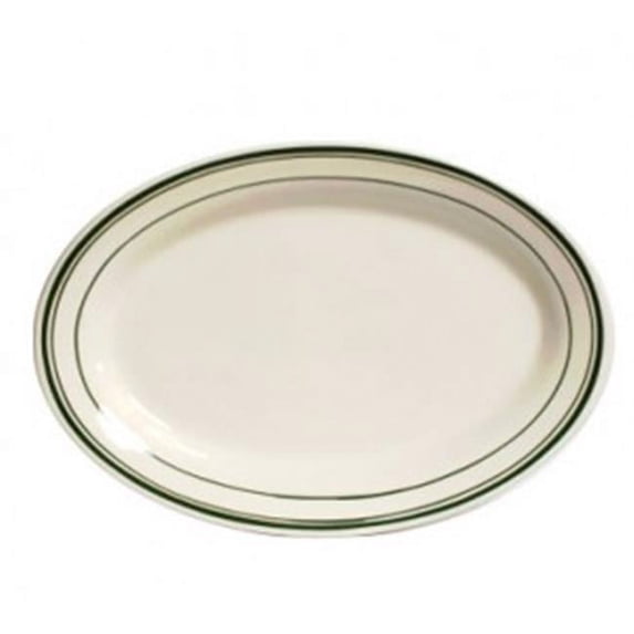Tuxton China TGB-033 Green Bay 7 in. x 4.63 in. Wide Rim Rolled Edge Oval Platter - American White with Green Band - 3 Dozen