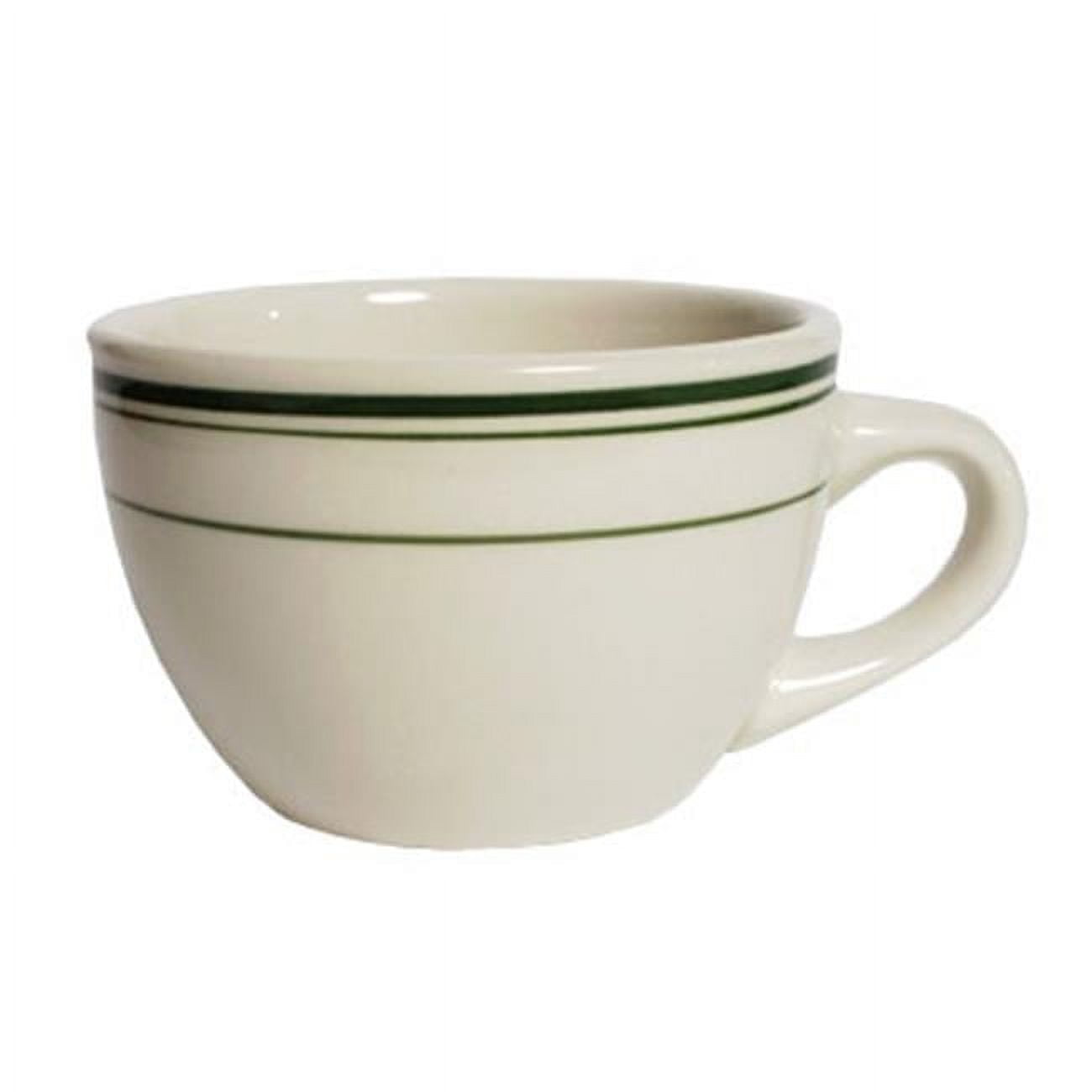 Tuxton China TGB-037 Green Bay 7 oz. Wide Rim Rolled Edge Round Cup - American White with Green Band  - 3 Dozen