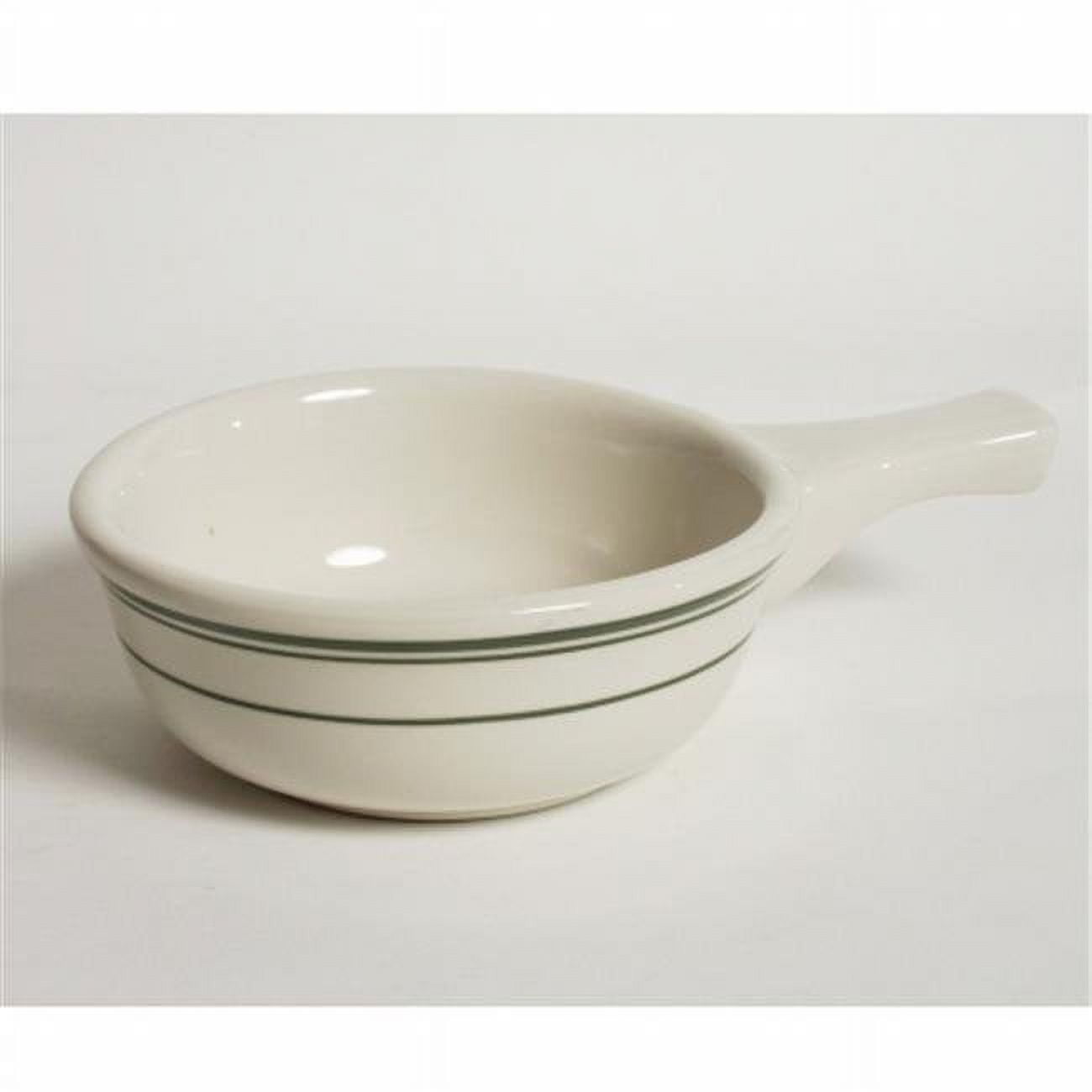 Tuxton China TGB-048 Green Bay French 10 oz. Rolled Edge Casserole Bowl with Handle - American White with Green Band.  - 2 Dozen