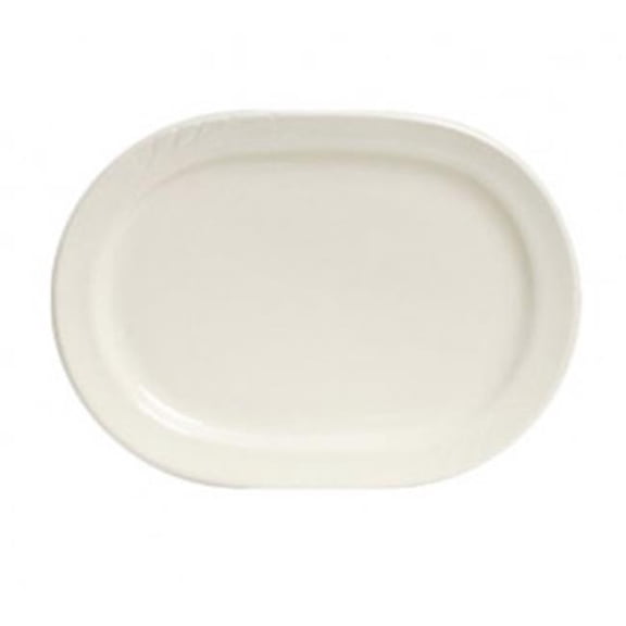 Tuxton China YEH-102 Monterey 10.38 in. x 7.5 in. Embossed Pattern Racetrack Platter - American White - 2 Dozen