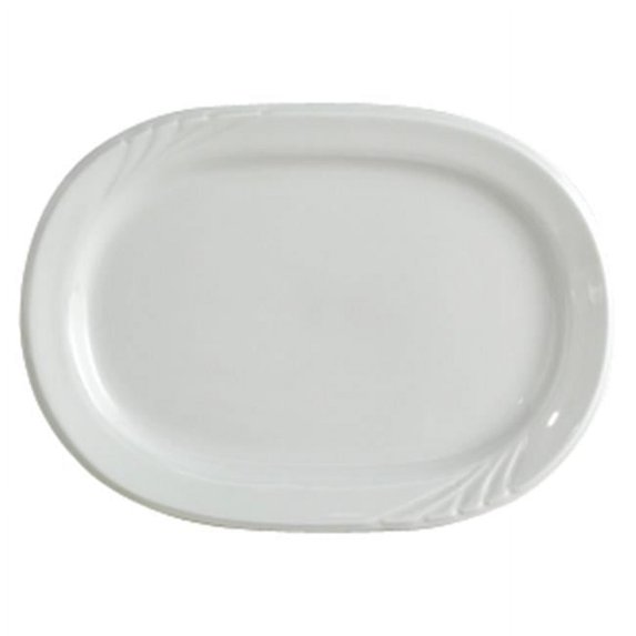 Tuxton China YPH-102 Sonoma 10.38 x 7.5 in. Embossed Plate China Racetrack Platter - Porcelain White - 2 Dozen