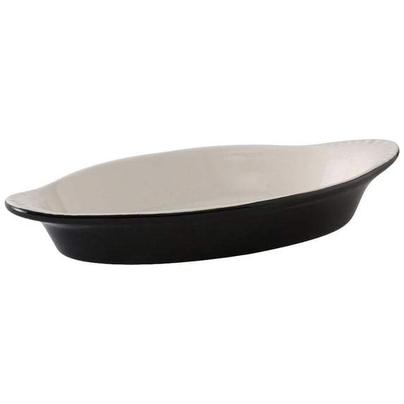 Tuxton China B4N-120 Welsh Rarebit, 12 oz., 9-7/8" x 4-7/8" x 1-3/8"H, oval, microwave & dishwasher safe, oven proof, fully vitrified, lead-free, ceramic, DuraTux, Black/Eggshell, Pack of 12