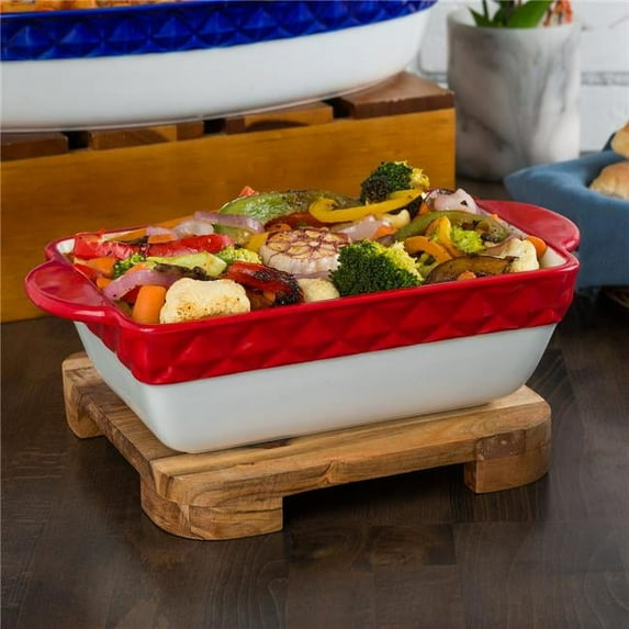 Tuxton EAQ-202 1 qt. Porcelain Embossed Rectangular Casserole - Cayenne Band, White & Red