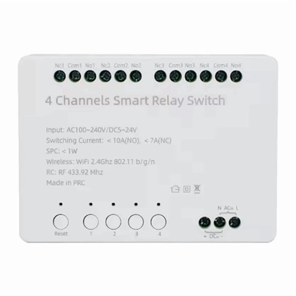 Tuya 4-Channel WiFi Smart Switch Module, Industrial DIN Rail Mount, 100-240V AC/5-24V DC, 10A Relay