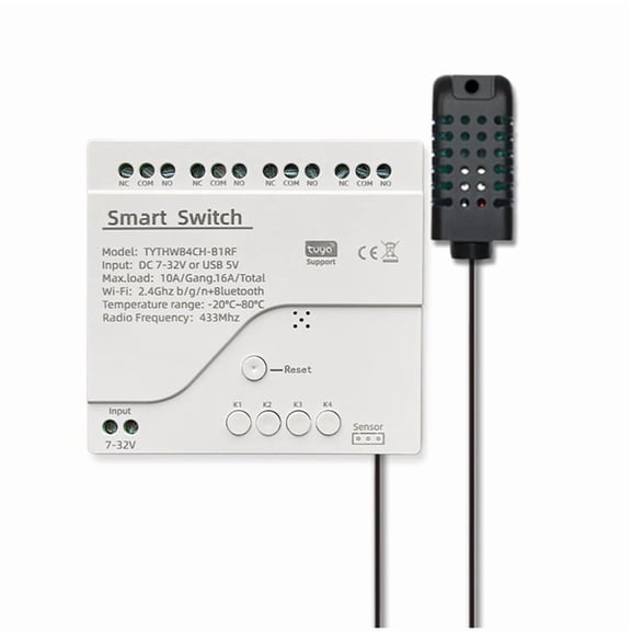 Tuya 4-Channel WiFi Smart Switch with Temperature & Humidity Sensor, DC 7-32V, 16A, 2.4GHz, Smart Life Compatible