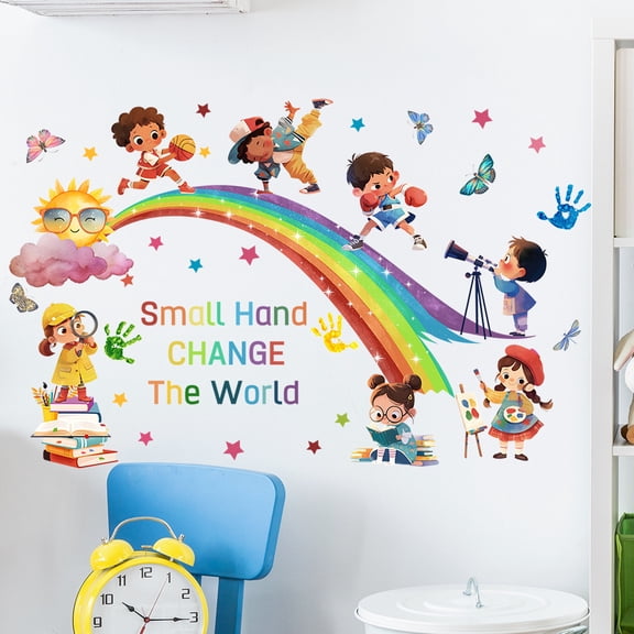 Tuya Rainbow English Proverb Wall Decals for Happy Childhood, Reading, Kids' Room, Kindergarten Decor - Self-Adhesive Wallpaper