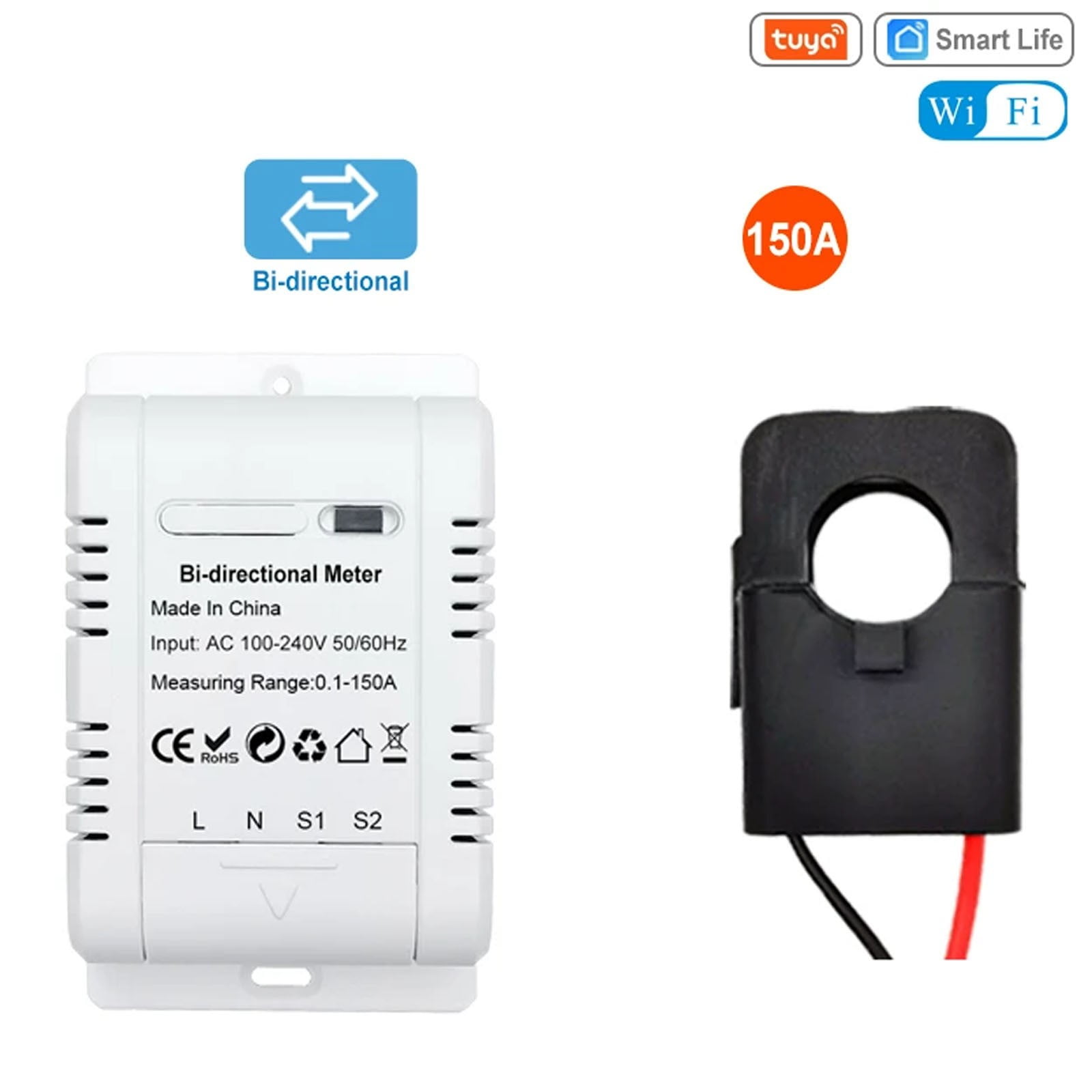 Tuya Smart Bi Directional WiFi Energy Meter 150A Clamp Current
