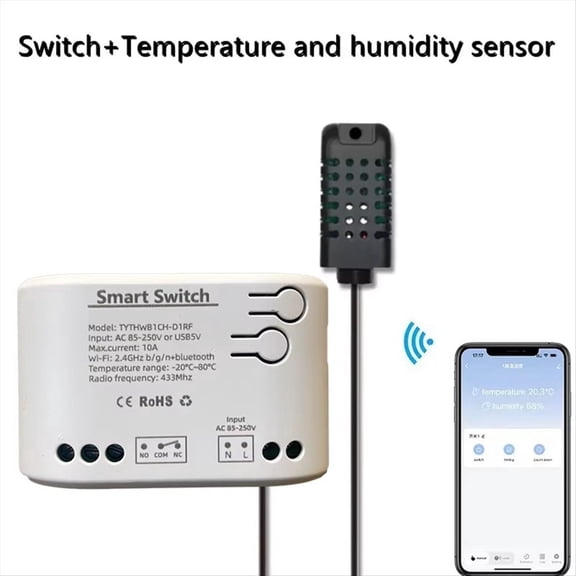 Tuya Smart Life WiFi Switch Relay Temperature Humidity Monitoring Thermostat Sensor Passive Dry Contact AC 85-250V