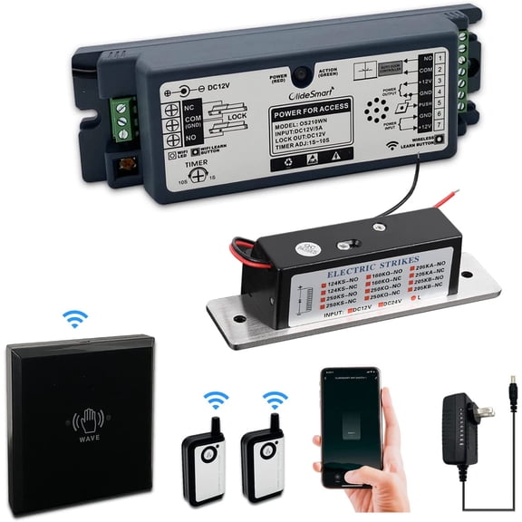 Tuya Smart WiFi Access Control Door System Kit 880lb Holding Force Electic Strike Door Lock with Wireless Handheld Remote and APP Control Receiver, paired with Wireless and Touchless Sensor Switch