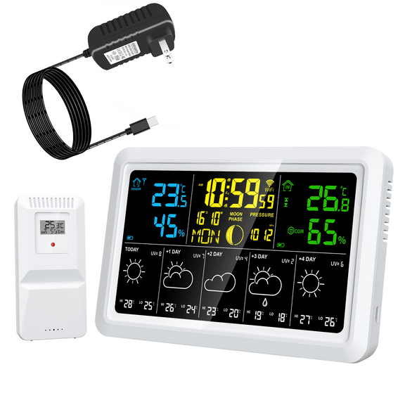 Tuya WIFI Weather clock 5-day weather forecast Indoor and outdoor thermometer and hygrometer Moon phase/atmospheric pressure/time/date/alarm/brightness adjustment