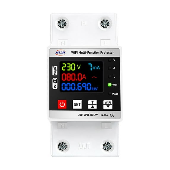 Tuya WiFi 80A Intelligent Reclosing Protector Current Voltage Monitoring Circuit Breaker Switch Power Meter Protections Values Settable Mobilephone APP Control