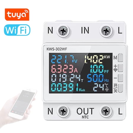 Tuya WiFi 8in1 Power Meter Color Screen 2P Multi-function AC Energy Meter Mobilephone Remotely APP Control 170-270V/63A Voltage and Current Meter Standard Rail Mounting