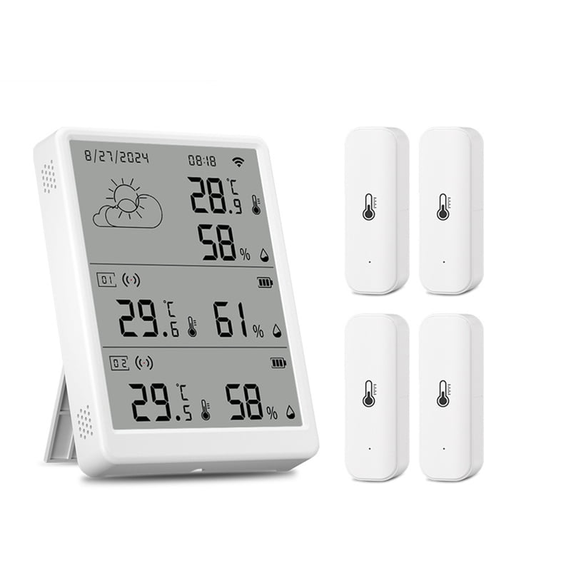 Tuya WiFi+RF433 Temperature Humidity Sensor Weather Station Display Monitor Thermometer Hygrometer Support Voice Control,1 x Display 4 x Sensor,White