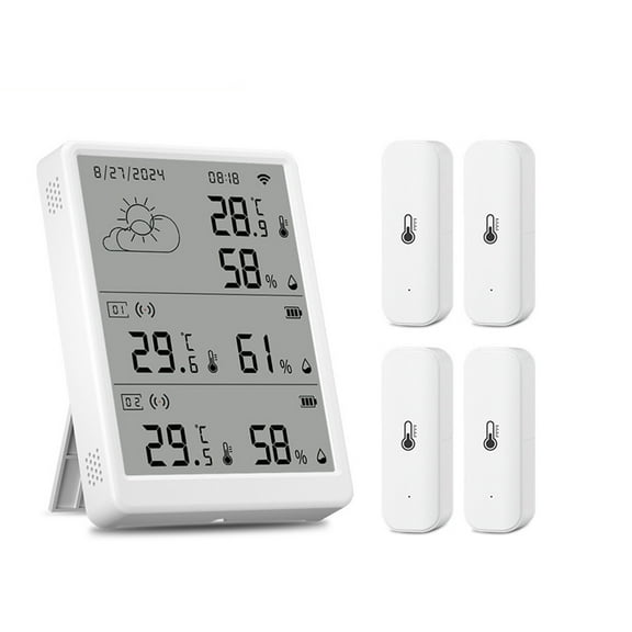 Tuya WiFi+RF433 Temperature Humidity Sensor Weather Station Display Monitor Thermometer Hygrometer Support Voice Control,1 x Display 4 x Sensor,White