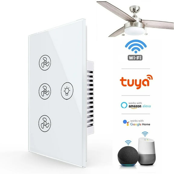 Tuya WiFi Smart Ceiling Fan Light Switch Touch Control Panel Remote Control Via App Compatible with Alexa Google Home Voice Control Timer Setting LED Backlight 120*72*32mm White