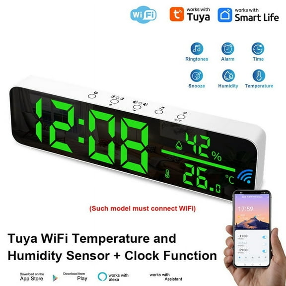 Tuya Wifi Temperature and Humidity Alarm Clock Multi-Function LED Digital Clock for Living Room, Farmhouse, Office