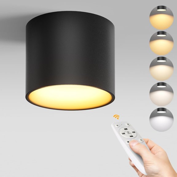 TuyuBEE Remote Control Ceiling Spotlight Fixtures Flush Mount Ceiling Light Fixture Dimmable LED Spot Lights Indoor, 4.72" Cylinder Downlight for Hallway Kitchen Entryway Foyer, 20W Black 1 Pack