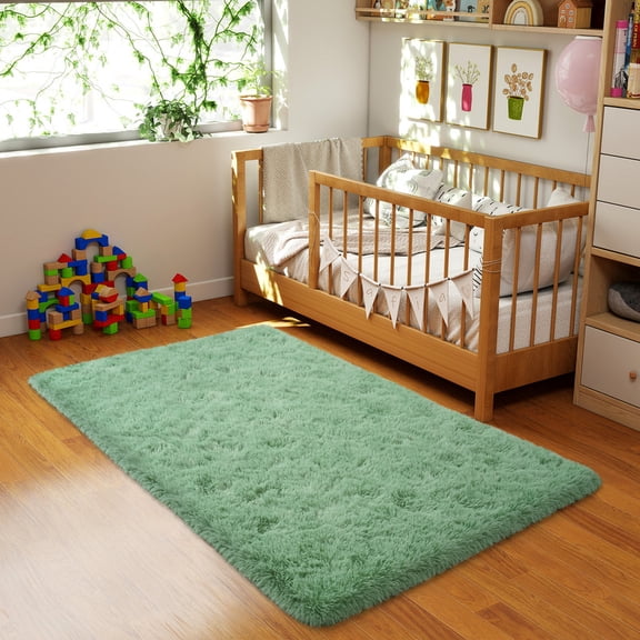 Tuzlier 3x5ft Mint Green Shag Area Rug,Washable Non-Slip Polyester Nursery Carpet