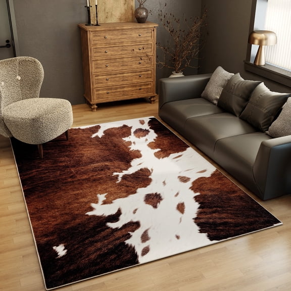 Tuzlier 5x7 Cow Print Rug, Brown Faux Cowhide Washable Soft Non-Slip Carpet for Living Room Bedroom Dining Room Office, Western Home Decor