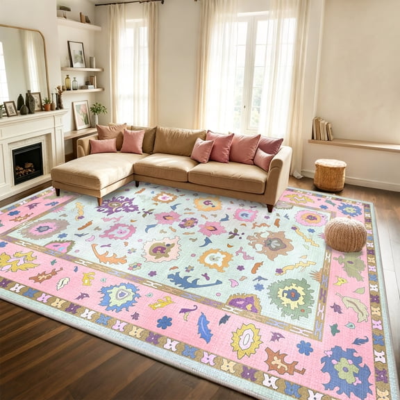 Tuzlier 8x10 Modern Oushak Area Rug for Living Room, Washable Non-Slip Low Pile Carpet for Bedroom Home Office Home Decor, Pink