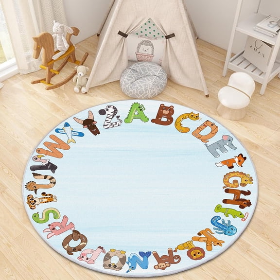 Tuzlier Children's Area Rugs for Kids Boys Girls, Soft Non-Slip Animal Rug ABC Educational Rug Children's Game Alphabet Rug, Blue, 47 Inch Round