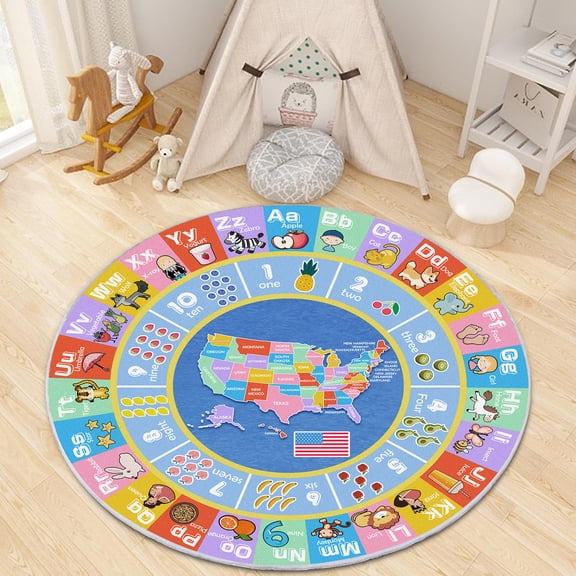 Tuzlier Kids Educational Area Rugs for ABC Alphabet Numbers Map, Soft Non-Slip Washable Round Carpet for Bedside Classroom Nursery Kids Room Decor, Colorful, 40 Inch