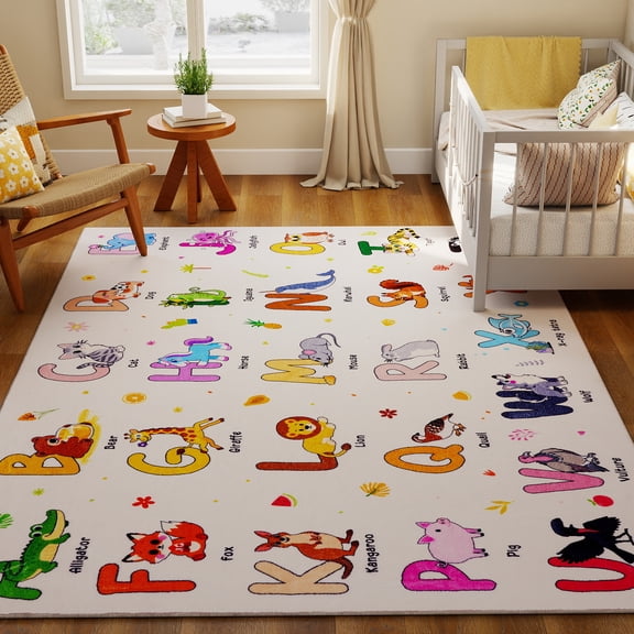 Tuzlier Kids Educational Area Rugs for Animal ABC Alphabet, Soft Non-Slip Washable Carpet for Bedside Classroom Nursery Kids Room Decor, Beige, 5' x 7'