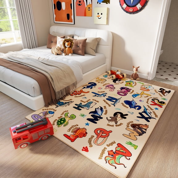 Tuzlier Kids Educational Area Rugs for Ocean Animal ABC Alphabet, Soft Non-Slip Washable Carpet for Bedside Classroom Nursery Kids Room Decor, Beige, 5' x 7'