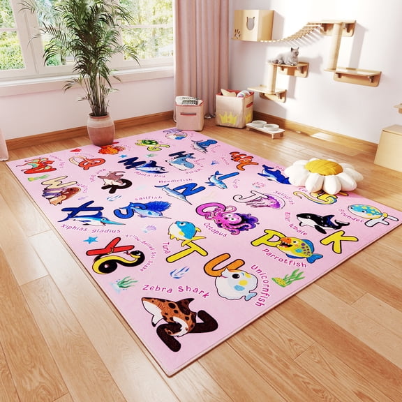 Tuzlier Kids Educational Area Rugs for Ocean Animal ABC Alphabet, Soft Non-Slip Washable Carpet for Bedside Classroom Nursery Kids Room Decor, Pink, 5' x 7'