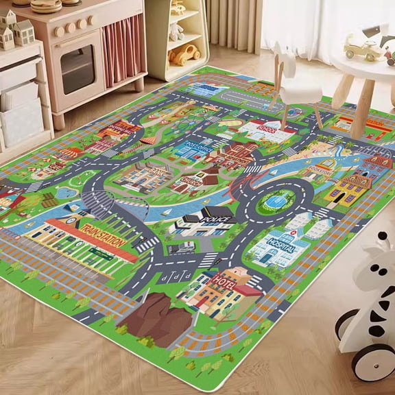 Tuzlier Kids Room Area Rugs, Non-Slip Machine Washable Town City Race Track Carpet, Road Traffic Playmat for Kid Bedroom for Learn and Have Fun, 4' x 5'