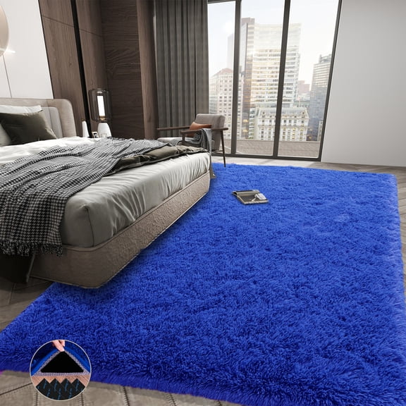 Tuzlier Soft Fluffy Shag Area Rug, 5x7 Modern Plush Carpet for Bedroom Living Room, Washable Non-Slip Fuzzy Nursery Rug, Bright blue