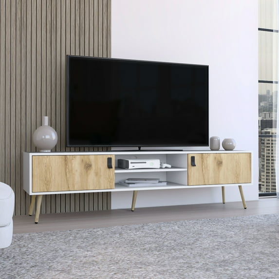 Tv Cabinet With 2 Doors, White/. Ample Storage For Books And Media. Chic Design. Frame. Fits 60 - 69 Inch Tvs. Versatile Usage White/ Doors Central Shelving. Provides Gadgets, Books, Decorative