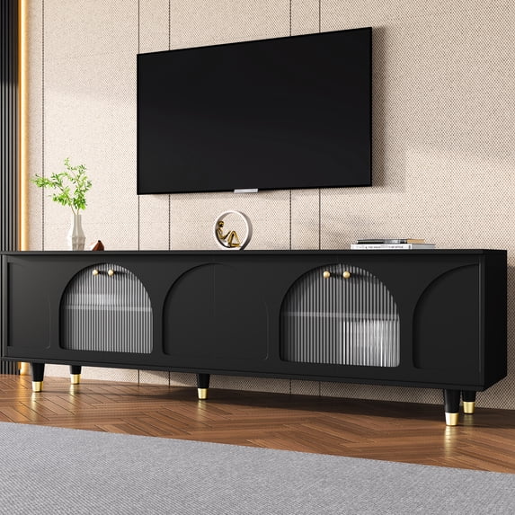 Tv Cabinet With Fluted Glass Doors, Adjustable Shelves For 78" Tvs, Black, Gold Handles, Living Room Use Contemporary Entertainment Center, Stand, Shelves, Golden,
