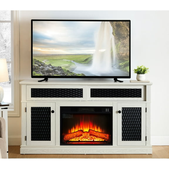 Tv Console With Fireplace And Vintage Look - 65" Stand, White Storage Space White, 59.9"w