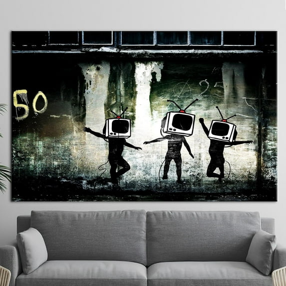 Tv Graffiti Canvas Art, Banksy TV Printed Canvas, Banksy Dancing People Artwork, Banksy Dancing TV, Street Art Canvas, Graffiti Art Canvas, Canvas Wall Decor - 3P-Rolled Canvas