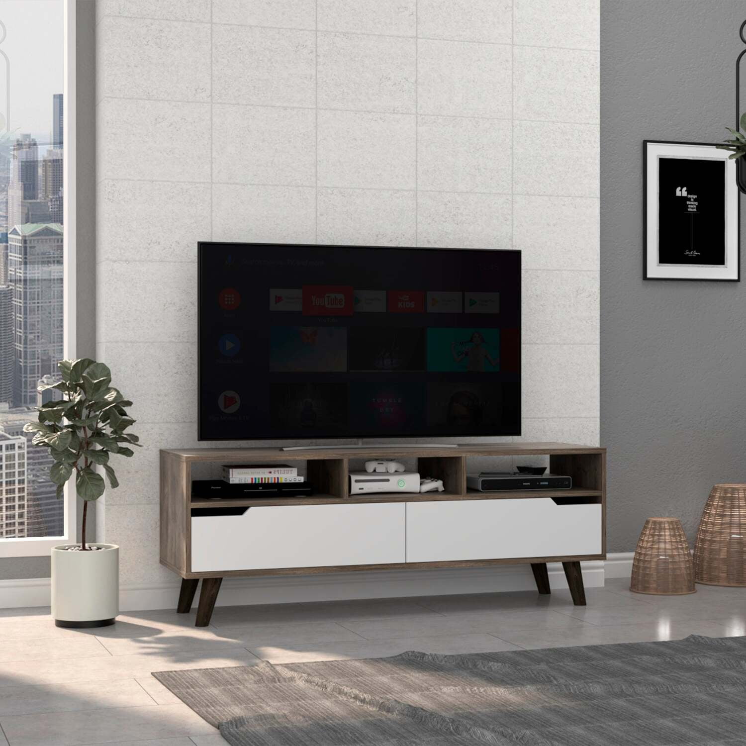 Elegant Dual-Tone TV Stand with Cabinet Storage, 60'' Capacity