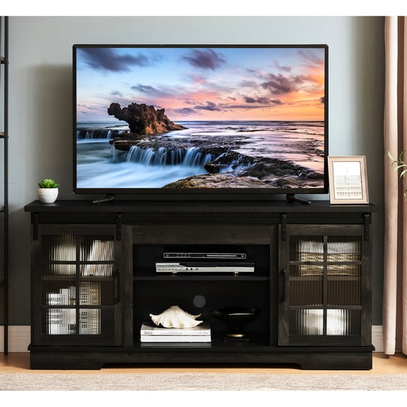 Tv Stand With 2 Sliding Fluted Glass Door Combinations, Fits 65'' Tv, Charcoal Grey, 59.55"w*15.91"d*27.8"h, Abundant Storage Area 65" Cabinet Grey Finish And Quality