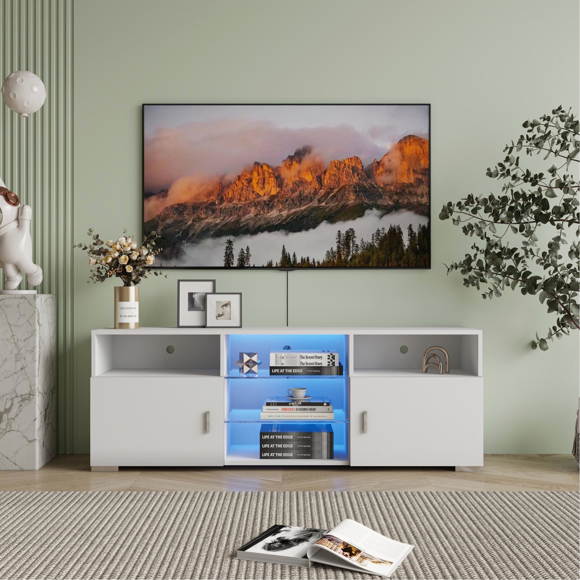 Tv Stand For 32-60 Inch Tvs, Modern White Entertainment Center With Led ...
