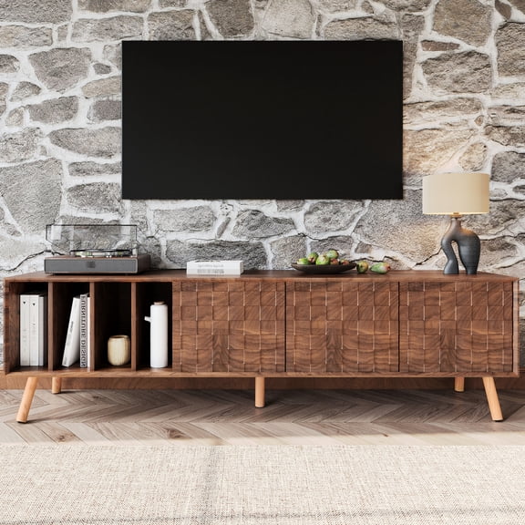 Tv Stand 70", Mid-century Modern Design, Solid Wood Legs, Walnut, Ample Storage For Media Devices And Accessories Entertainment Unit, 70" Stand, Space