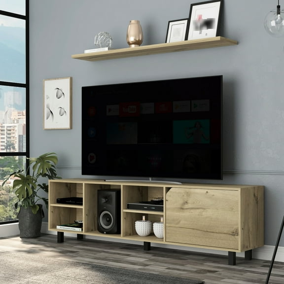 Tv Stand For 70" Tv, Oak Look. 5 Legs And 4 Open Shelves. Ample Storage Console Accessories. Back Holes Cable Arrangement. Stable Structure. Concealed Storage. Beige. 69.52 In Depth. 13.3 Width.