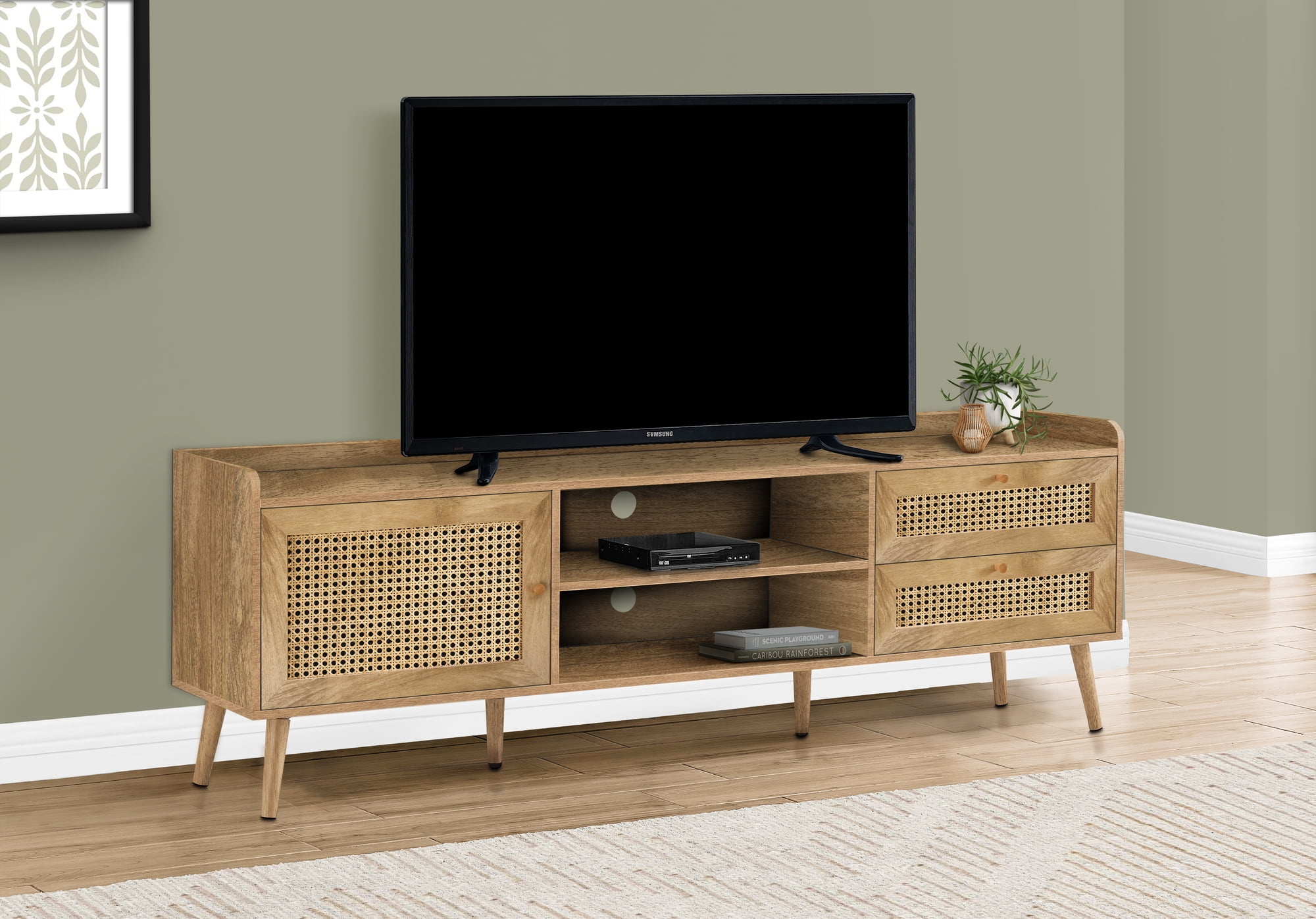 Walnut 72 Inch TV Stand with Rattan Panels and Storage