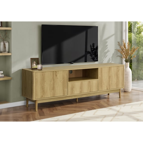 Tv Stand, 72 Inch, Console, Storage Cabinet, Storage Drawer, Media Entertainment Center, Living Room, Bedroom, Light Walnut Laminate, Mid Century On-Site