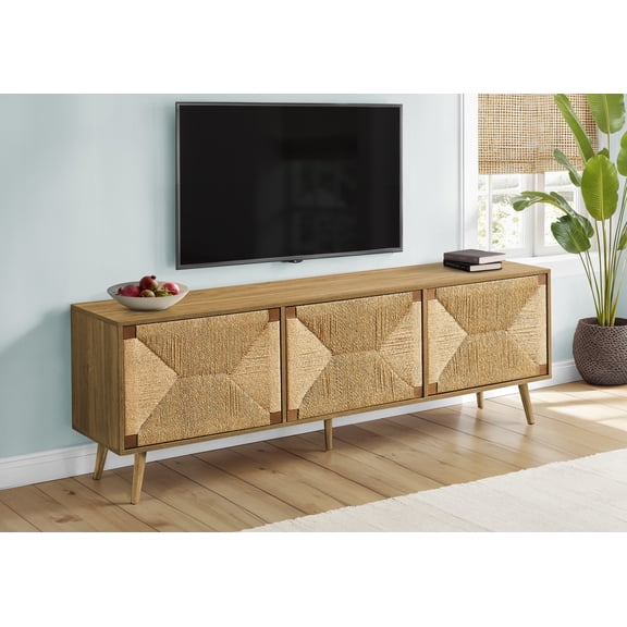 Tv Stand, 72 Inch, Media Entertainment Center, Storage Cabinet, Console, Walnut Laminate, Natural Seagrass, Mid Century, Modern