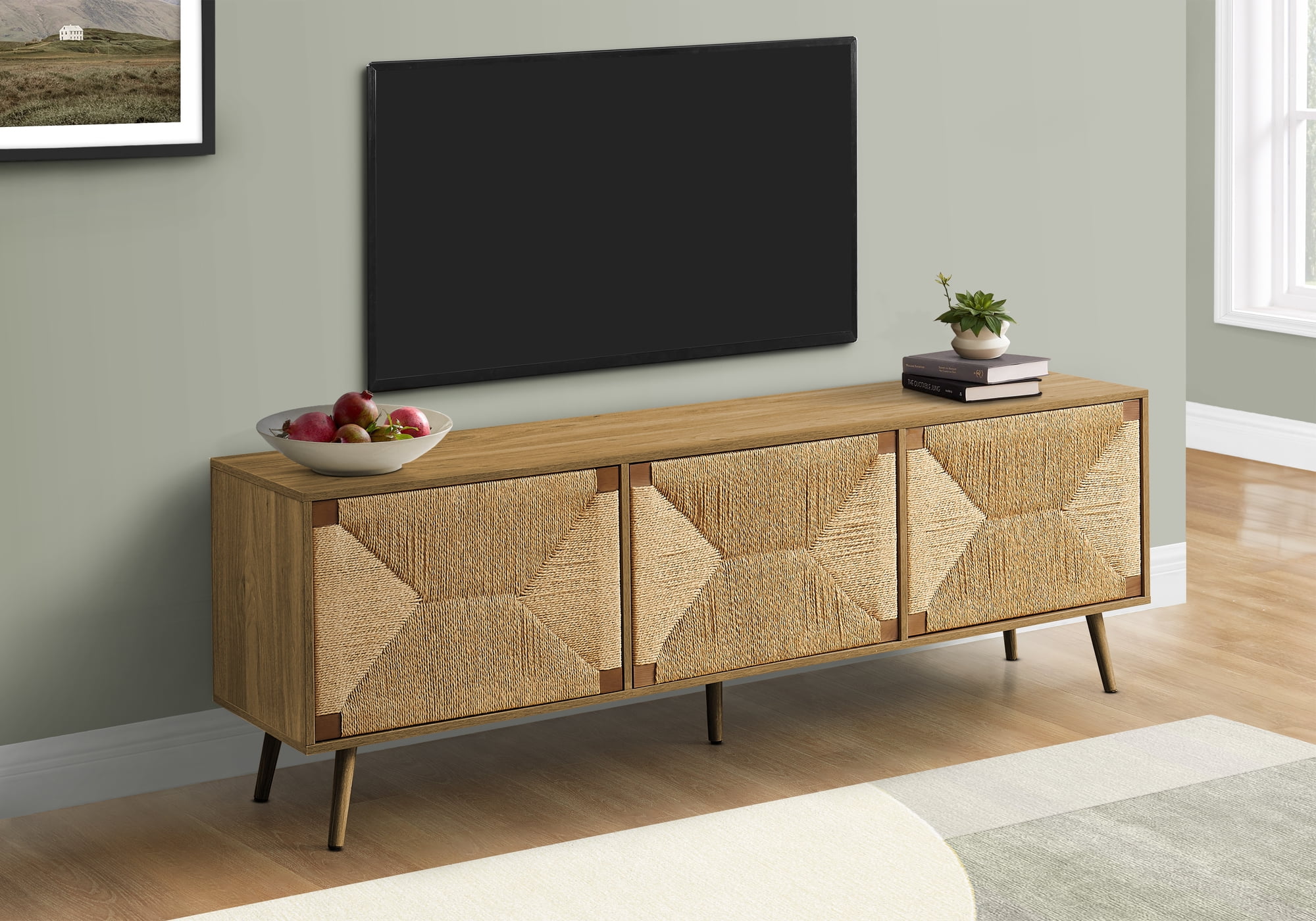 Light Walnut and Seagrass 72" Mid-Century Modern TV Stand