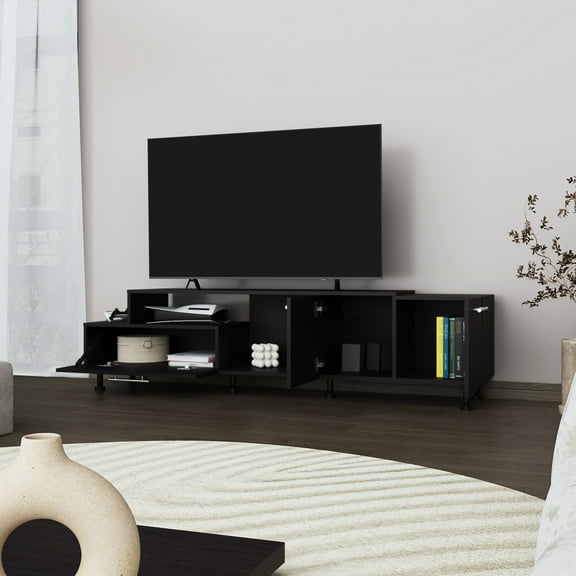 Tv Stand, Black - Engineered Wood Craftsmanship, Accommodates 50-59 Inch Tvs, Open Shelves And Hidden Storage Cabinets For Interior Design Concept Stand In Manufactured Wood, Fits Concealed Home