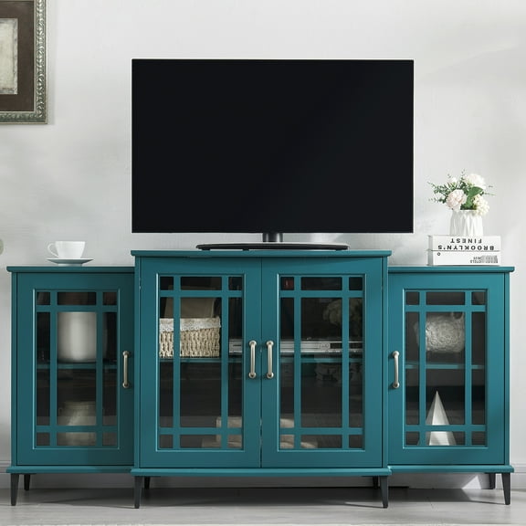 Tv Stand Buffet Sideboard In Teal Blue, 62" Length, Material Cabinet, Blue Color, Build, 8 Metal Legs, Tempered Glass Doors, Adjustable Shelves, Practical Home Storage