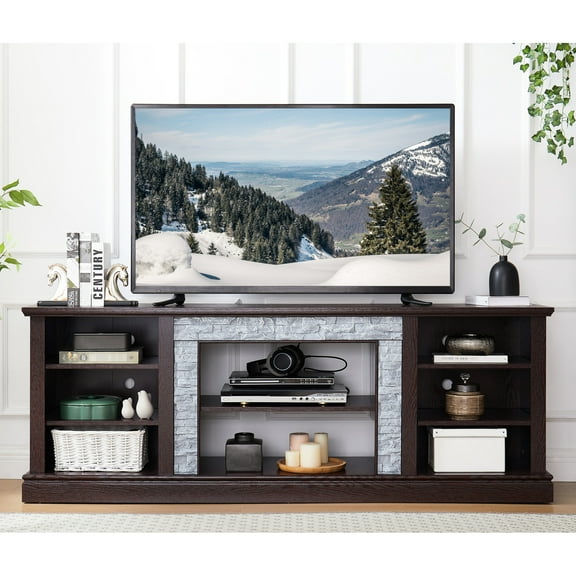 Tv Stand With Desk Storage Rack, Cherry Finish, 69.41"w X 15.69"d 26.24"h, Fits Up To 75" Screen Media Console Table Large Cabinet, Cherry, 75'' Tvs, Faux Stacked Stone Style