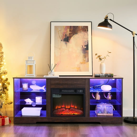 Tv Stand With Electric Fireplace And Cable Management - 58"w X 15.5"d 24.4"h, Fits 32 62" Tvs, Black Finish 21 Design Cabinet Power Outlets 58" 15.5" 24.4", 50 59"