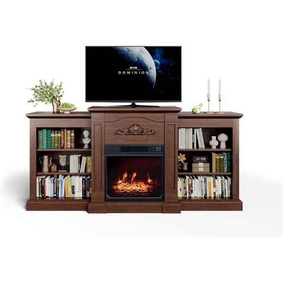 Tv Stand with Fireplace, 67" Rustic Media Console Table for 80" TVs, Farmhouse Entertainment Center with 23" Electric Fireplace Heater, Open Shelves, Side Cabinets, Storage for Living Room